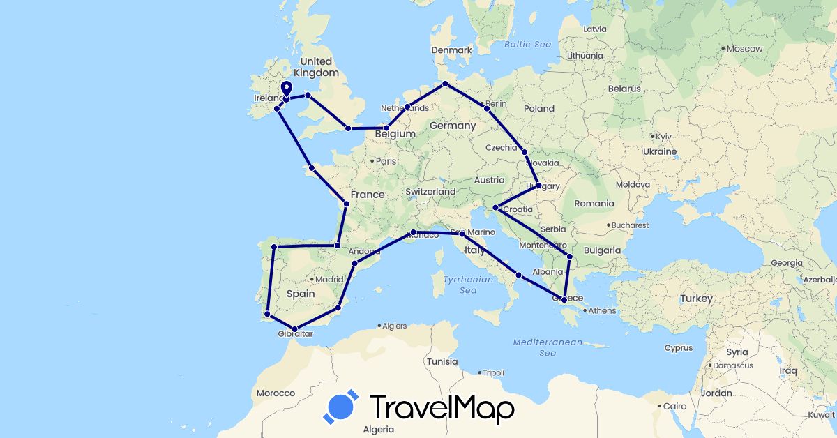 TravelMap itinerary: driving in Belgium, Czech Republic, Germany, Spain, France, United Kingdom, Greece, Hungary, Ireland, Italy, Macedonia, Netherlands, Portugal, Slovenia (Europe)